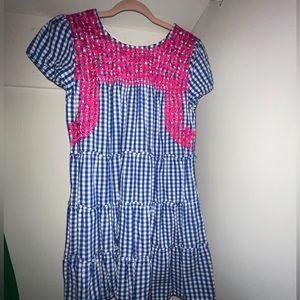 J. Marie Mini Tiered Embroidered Dress, Pink & Blue Gingham